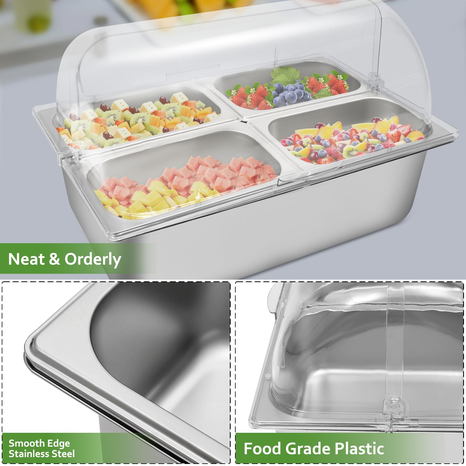 Contenedor de exhibición de alimentos para encimera, 4 sartenes con 3 paquetes de hielo, bandeja para servir alimentos fríos, dispensador de condimentos, ensalada, aderezo, aperitivos,