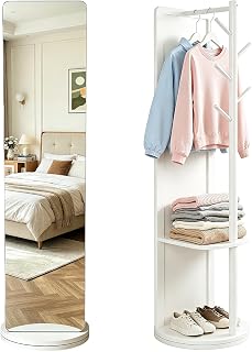 360° Swivel Full Body Mirror, Standing Mirror, Full Body Solid Wood Mirror with Closet, Standing Mirror for Bedroom Living Room, Space-saving Design(White, A)