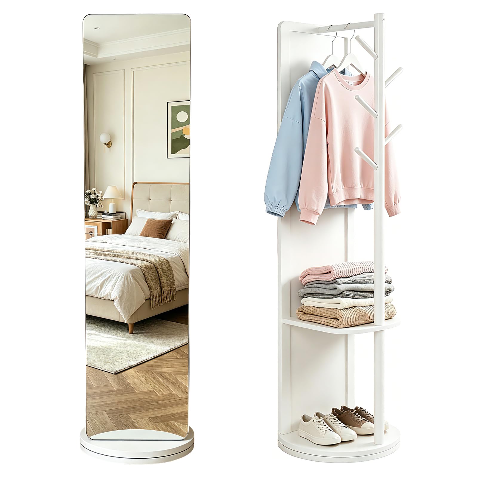 Specchio a Figura Intera Girevole 360°, Specchio da Terra Intero in Legno Massello, con Guardaroba, Design Salvaspazio, per Camera da Letto e Soggiorno e Guardaroba, Bianco