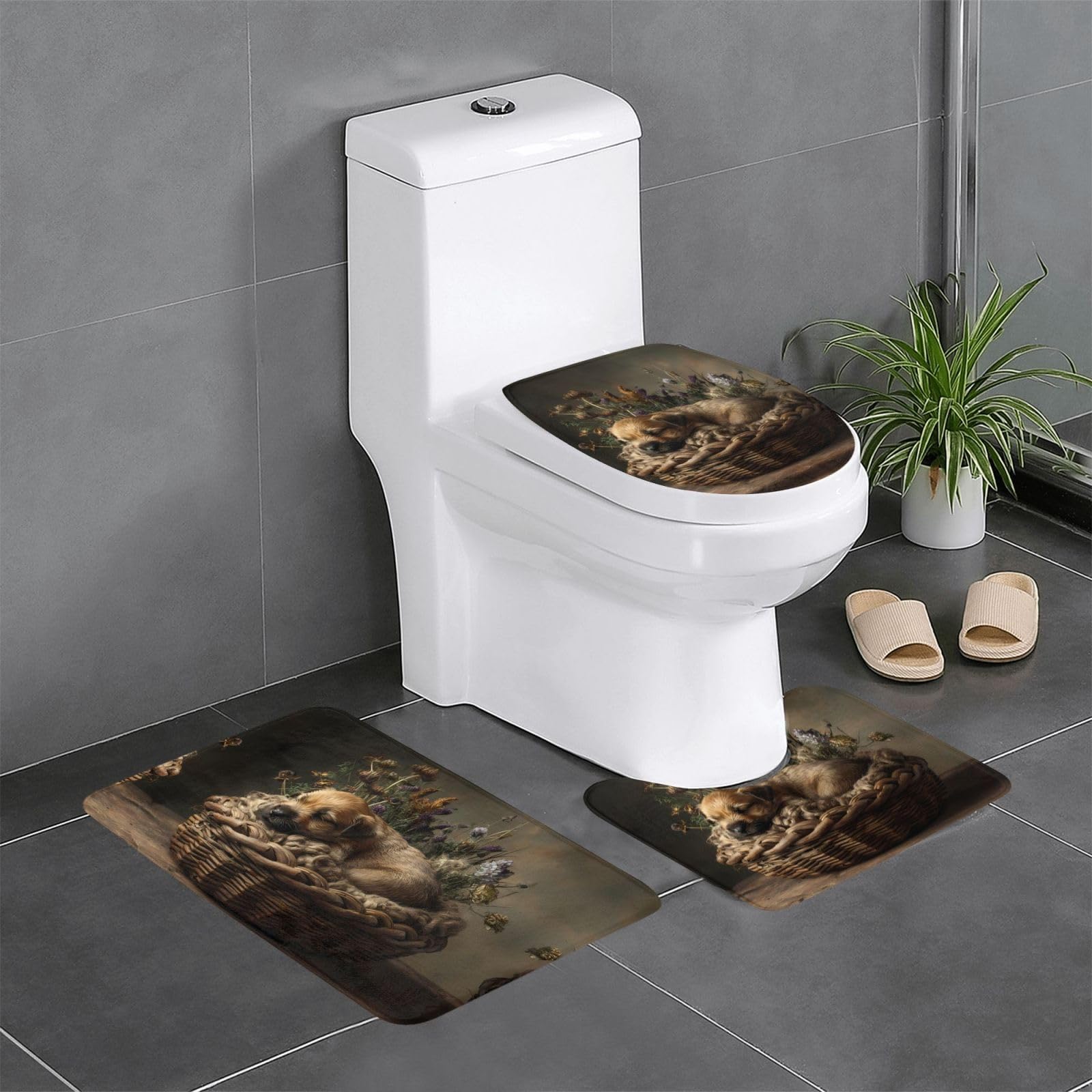 Tapis de salle de bain lot de 3 avec motif chiot berceau pour toilettes et coiffeuse