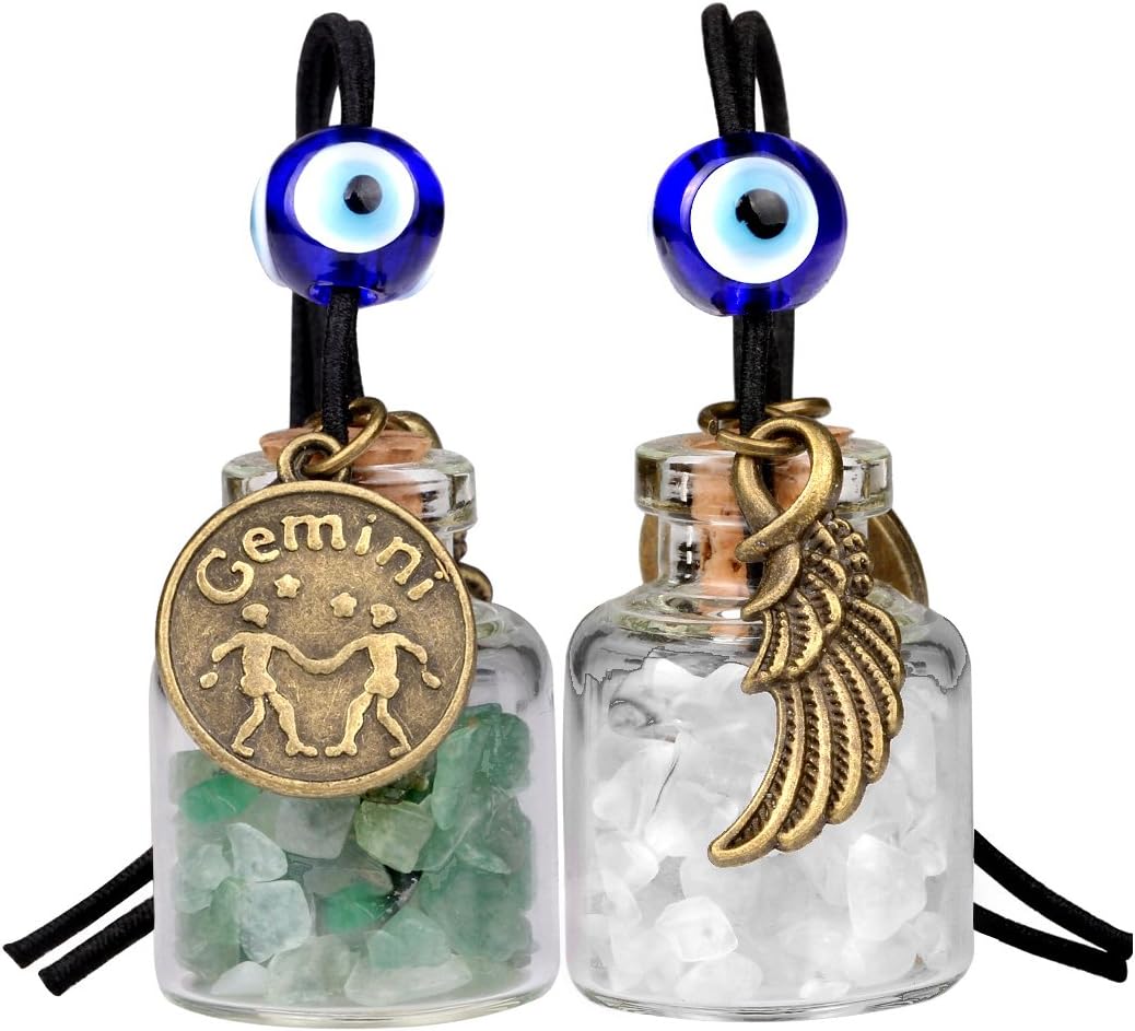 Zodiac Birthstone Car Charms for Rearview Mirror Hanging - Two Gemstone Good Luck Bottles with Evil Eye Protection Bead and Guardian Angel Wing