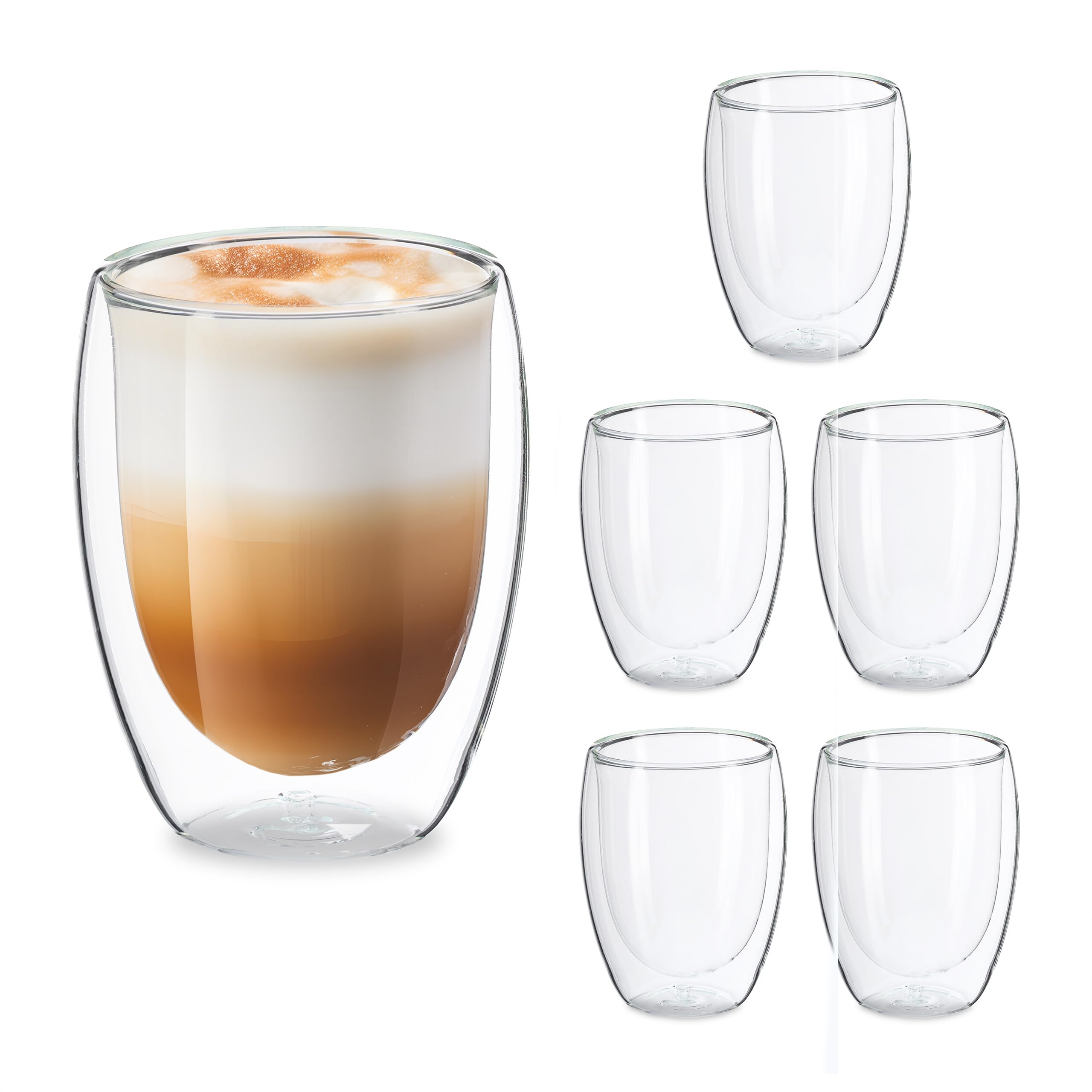 Relaxdays Latte Macchiato Gläser, 6er Set, doppelwandiges Glas, 350 ml, spülmaschinenfest, Kaffeegläser, transparent