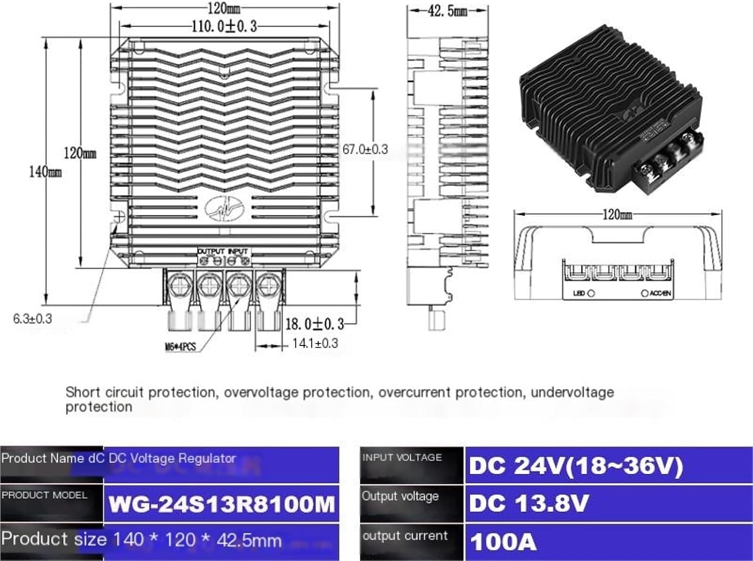 24V to 13.8V Converter 24 Volt to 13.8 80A 100A Volt Step-Down DC13.8V Step-Down Module(24V Drop 13.8V 100A M)