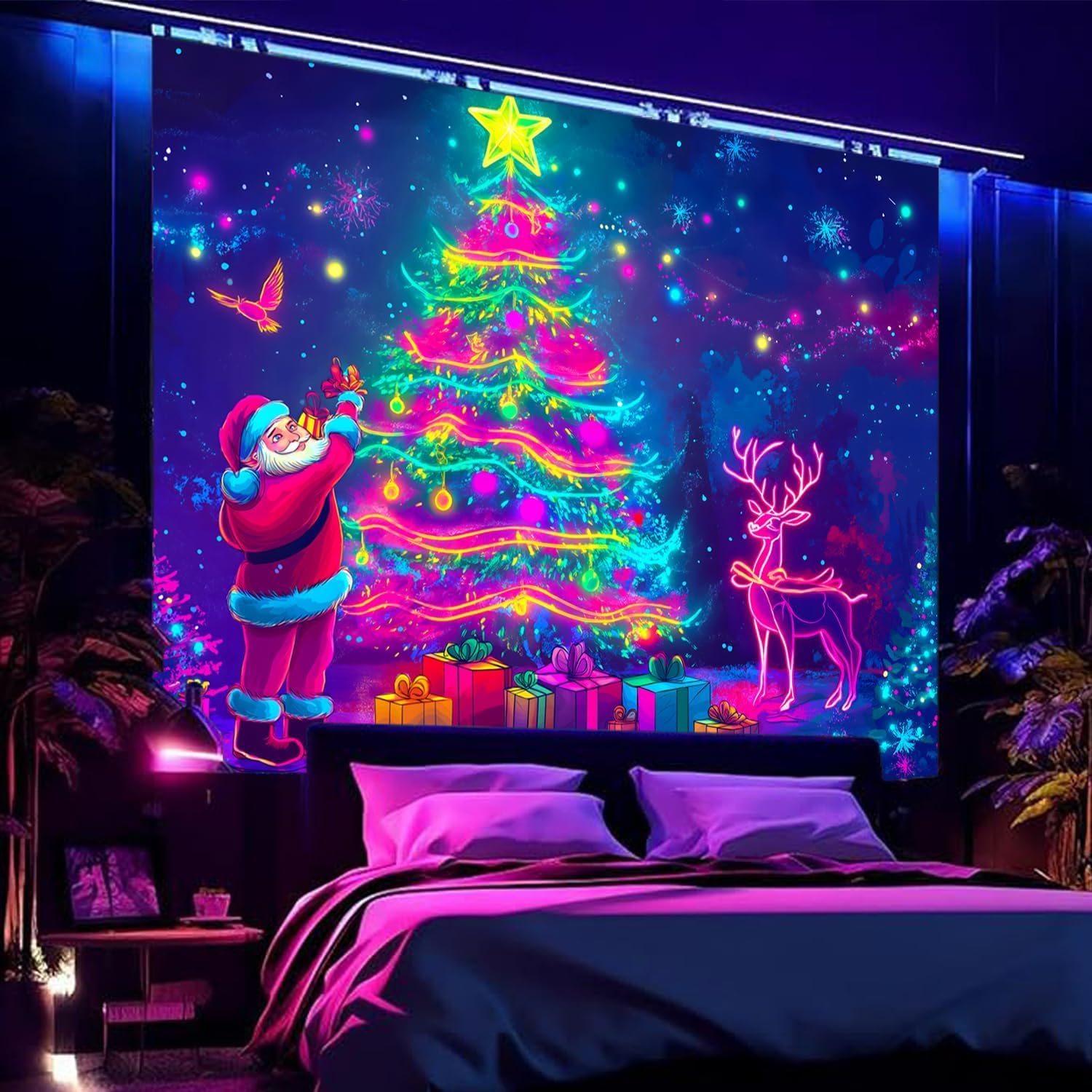 BSFHH Black Light Tapestry – Merry Christmas UV Reactive Glow in the Dark Wall Hanging, Santa Claus Christmas Tree Snowman Elk Home Decoration for Party Bedroom or Dormitory (Tree, 59"x51", Unframed)