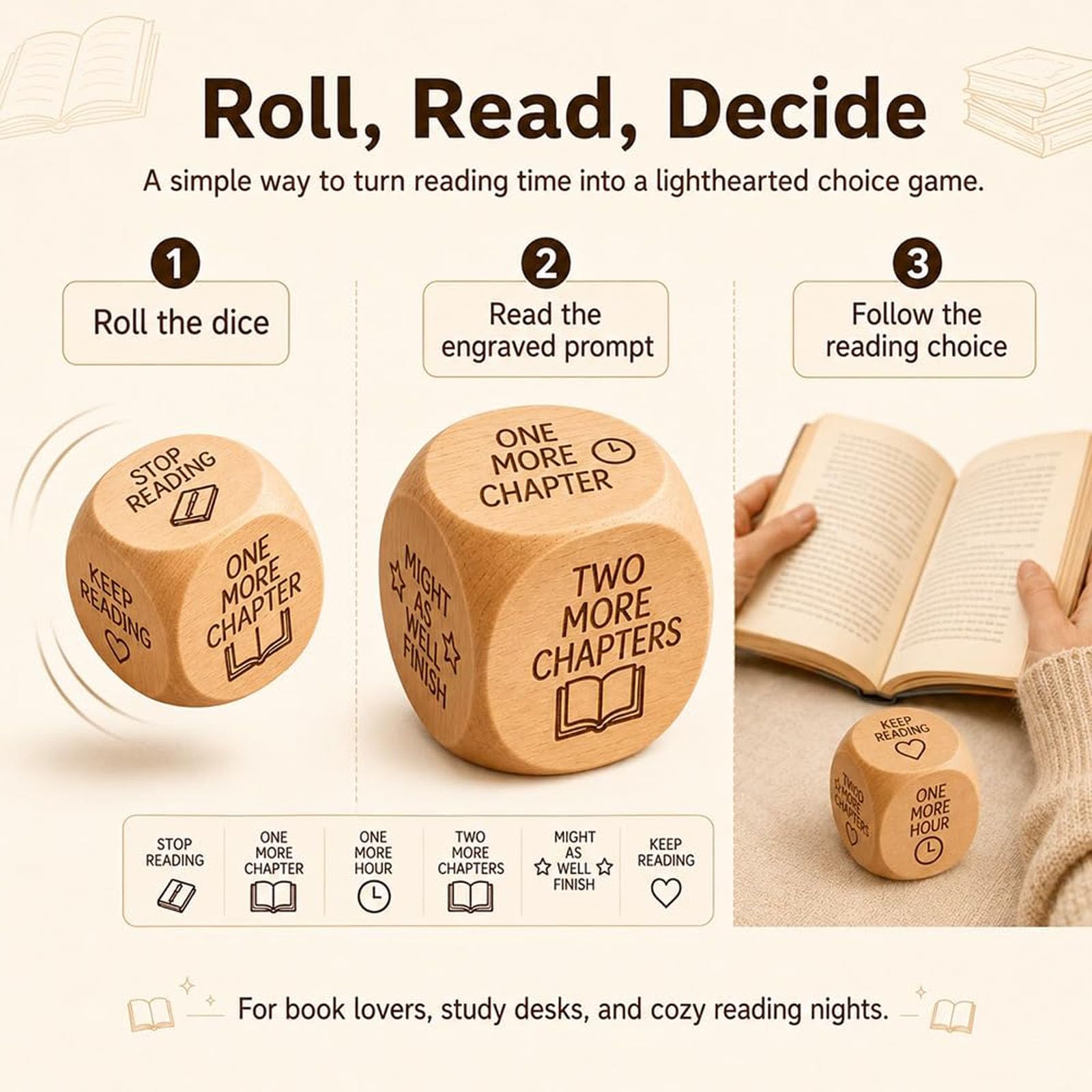 Dados de decisión de Lectura de Madera, Dados de 6 Caras, Cubo de decisión de Lectura de Madera para Amantes de los Libros, Regalos de ratón de Biblioteca (8pcs)