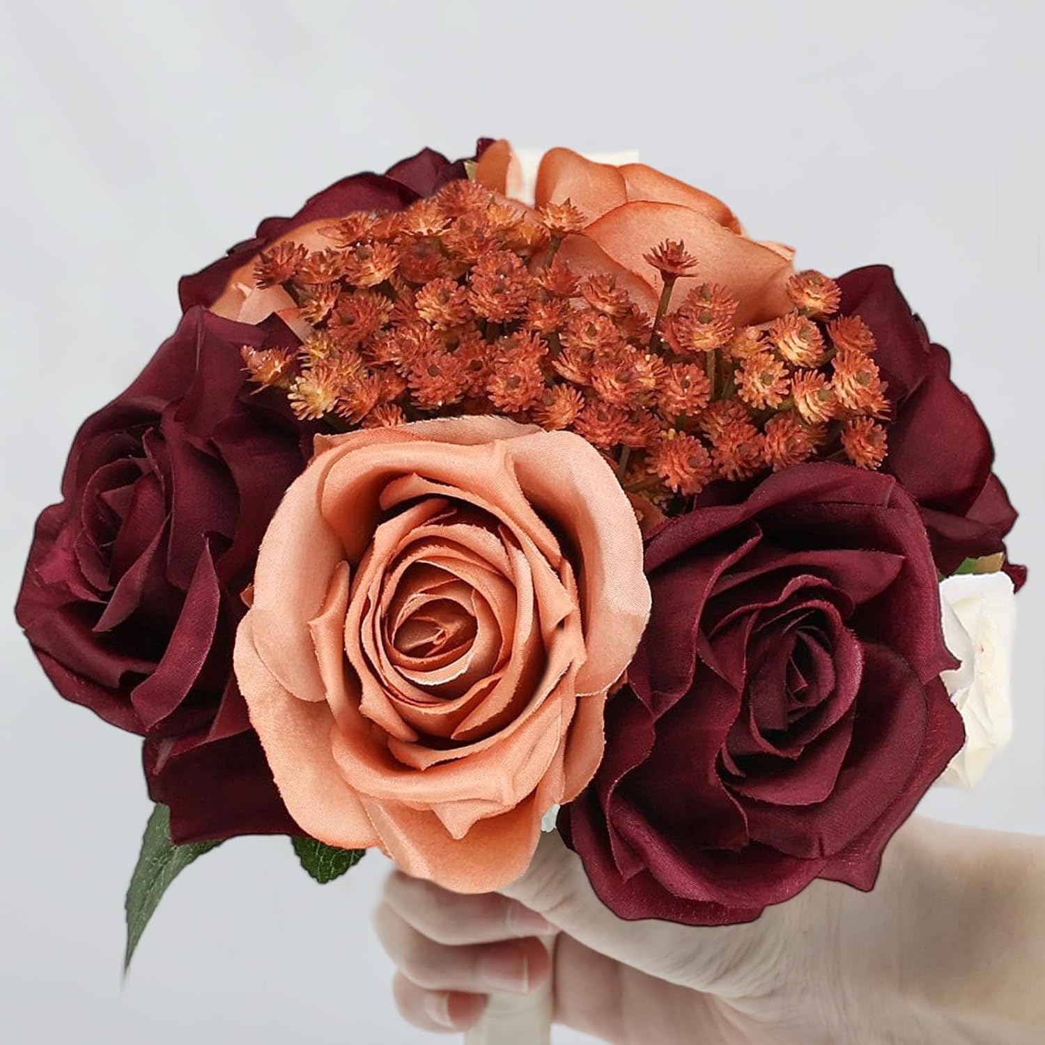 Wedding Bridesmaid Bouquets Set of 6, Artificial Silk Flowers Arrangement for Ceremony Marriage Proposal Party Anniversary Decorations - Burnt Orange & Burgundy