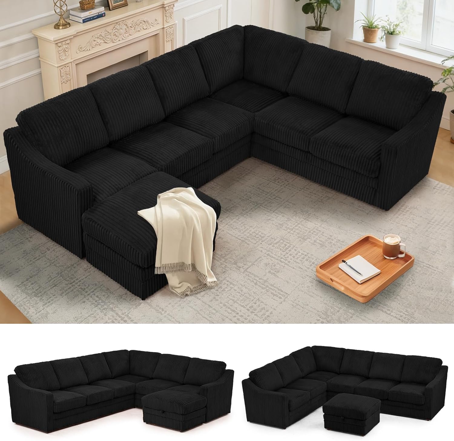 115 Inches Corduroy Sectional Sofa with Storage Ottoman, Modern 7 Seats Corner Couch with Deep Seat, Comfy Modular U Shaped Couch with Comfortable Cushions for Living Room, Black