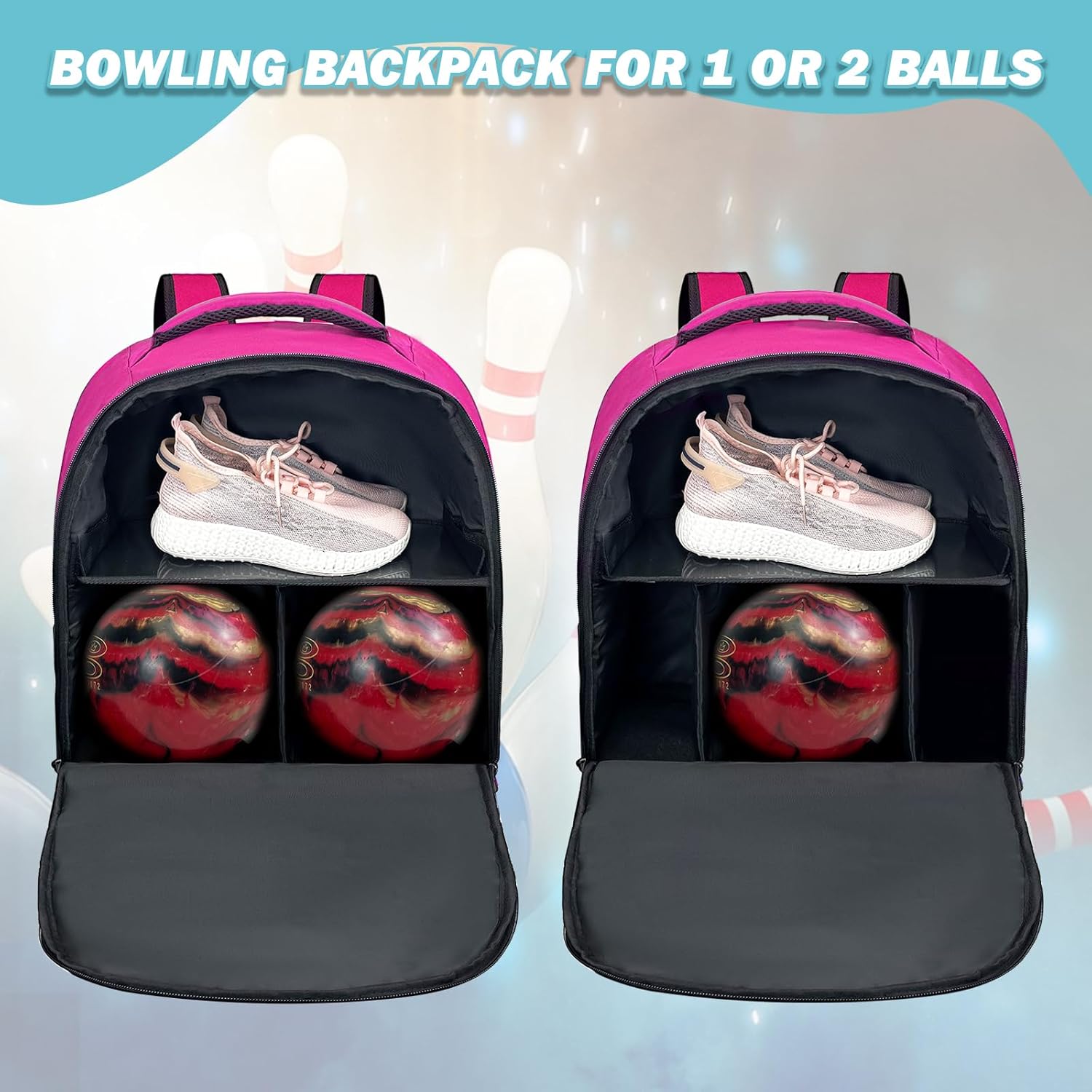 WOLT Bowling Ball Bag,2 Ball Bowling Backpack with Protective Foam Padded & Shoe Compartment Fits Up to Mens Size 16