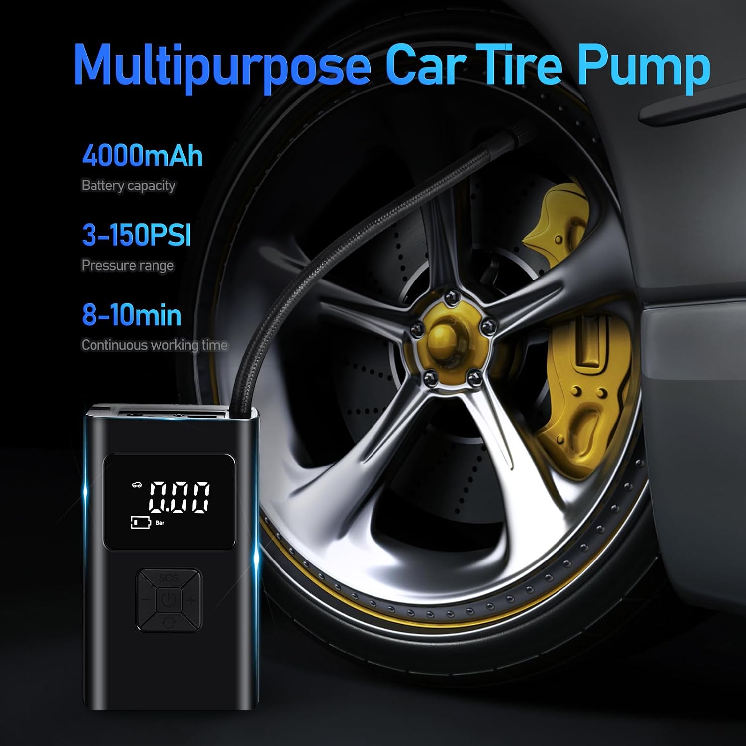 Tire Inflator Portable Air Compressor, 150PSI Pocket Car Tire Pump Electric Auto-Stop Bike Tire Pump With Led Light And Digital Pressure Gauge For Motorcycle, Auto, Ball, Bicycle