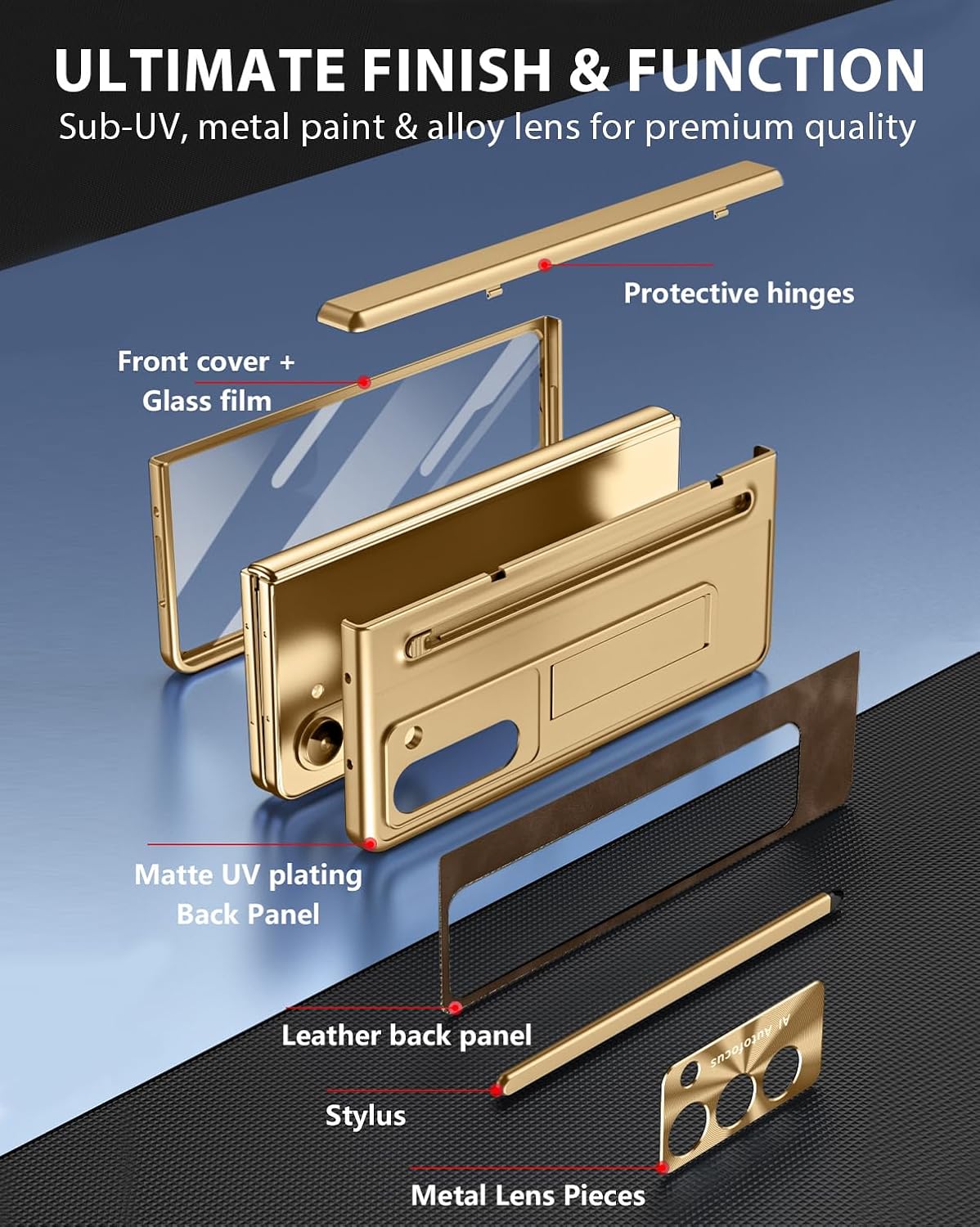 NINKI for Samsung Galaxy Z Fold 7 Case with S Pen & S Pen Holder, Kickstand & Front Screen Protector Hinge Electroplating Leather Phone Cover for Z Fold 7 Case with Stand and Stylus – Gold with Coffee