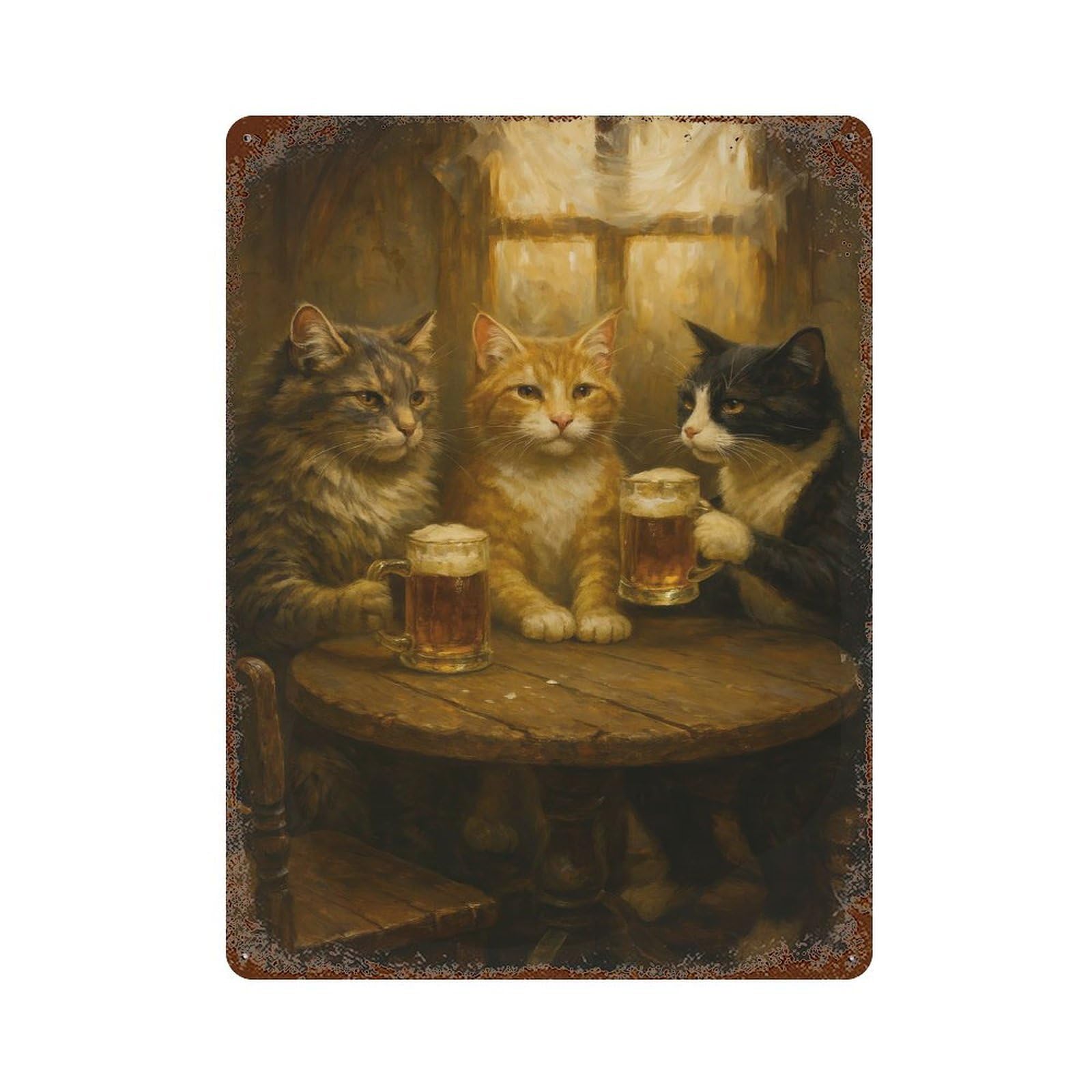 Rust Effect Cats Drinking Beer at A Pub Vintage Metal Tin Sign 15.7"x11.8", Decorative Metal Wall Art for Office, Studio And Wall Decor