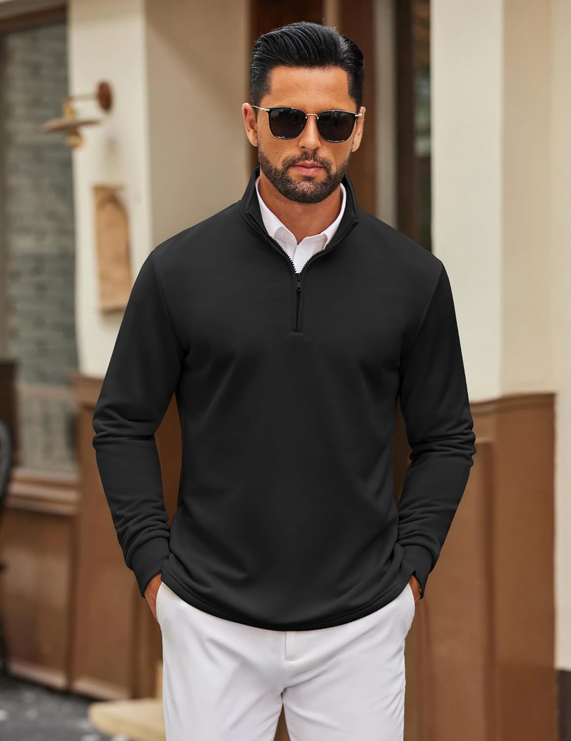 COOFANDY Men's Quarter Zip Pullover Sweatshirt Mock Neck Quilted Sweatshirt Lightweight Casual Long Sleeve Polo Shirt - Image 3