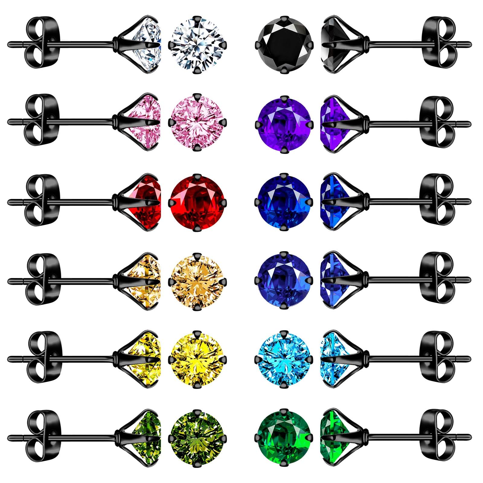 CPSLOVE Pendientes Negro de Acero Inoxidable para Hombre y Mujer Pendientes 4 Garras Circonita Redonda Pendientes Solitarios Elegantes Set de 12 Pares
