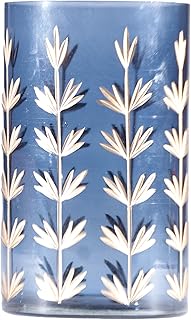 Creative Co-Op Hand-Painted Cut Glass Candle Holder/Vase with Botanical Design, Navy Color and Gold Finish