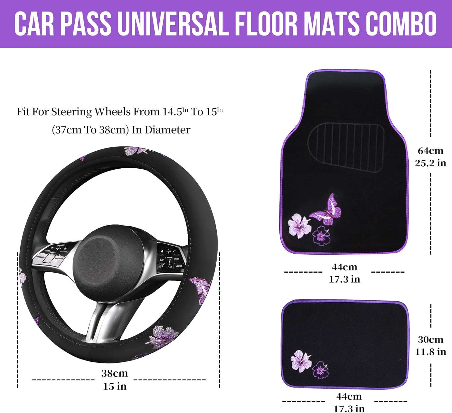 CAR PASS Butterfly Steering Wheel Cover and Waterproof Car Floor Mats,Purple Car Mats 14.5-15inch Steering Wheel Covers Universal Fit for Suvs,Sedans Cars,for Women Girl(Black and Purple) - Image 5