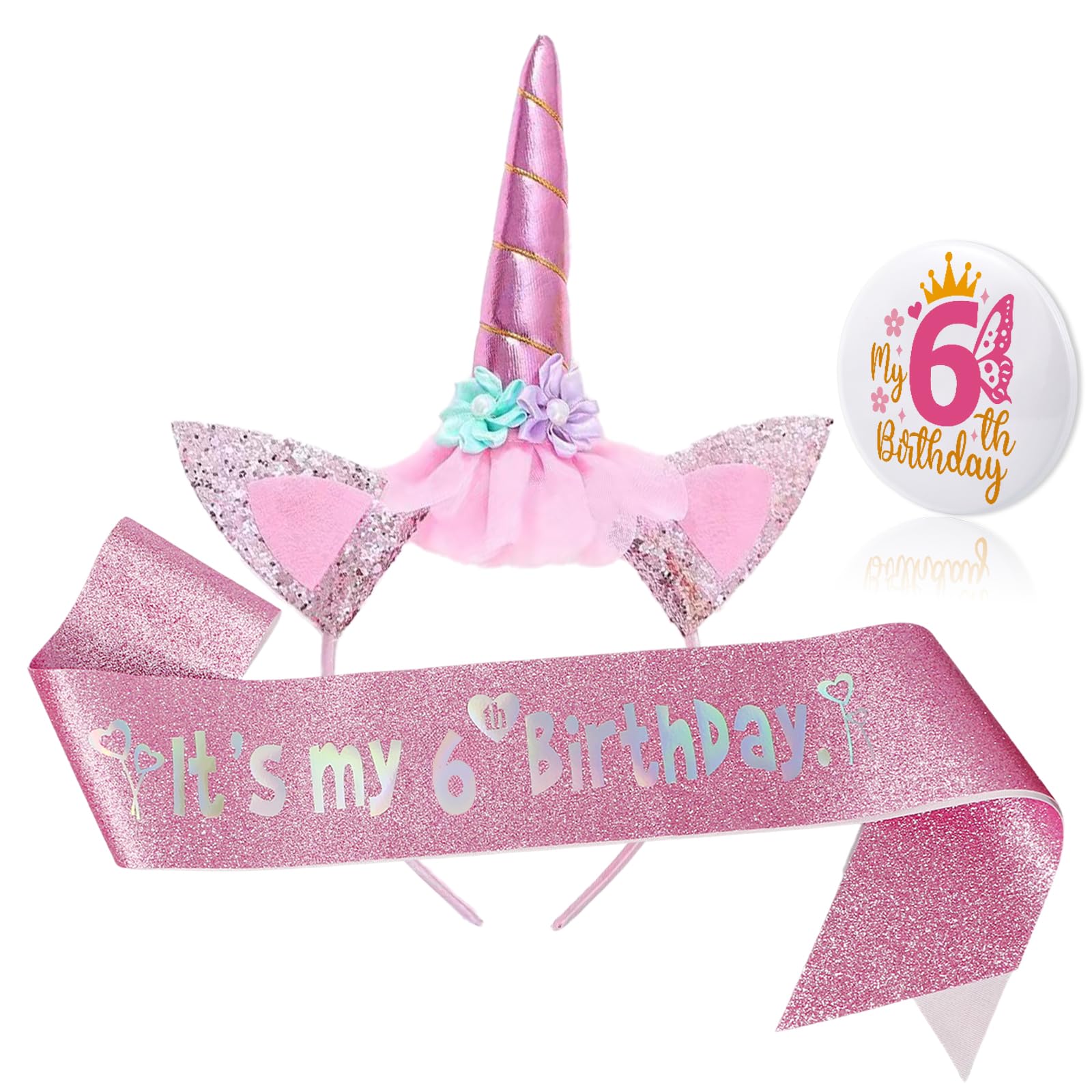 Bliceon 6th Birthday Girl Headband Sash and Badge with Pin, 3 Piece Pink 6th Birthday Decorations Girl for, Party Supplies, Daughter, Granddaughter, Niece, 6 Year Old Girls