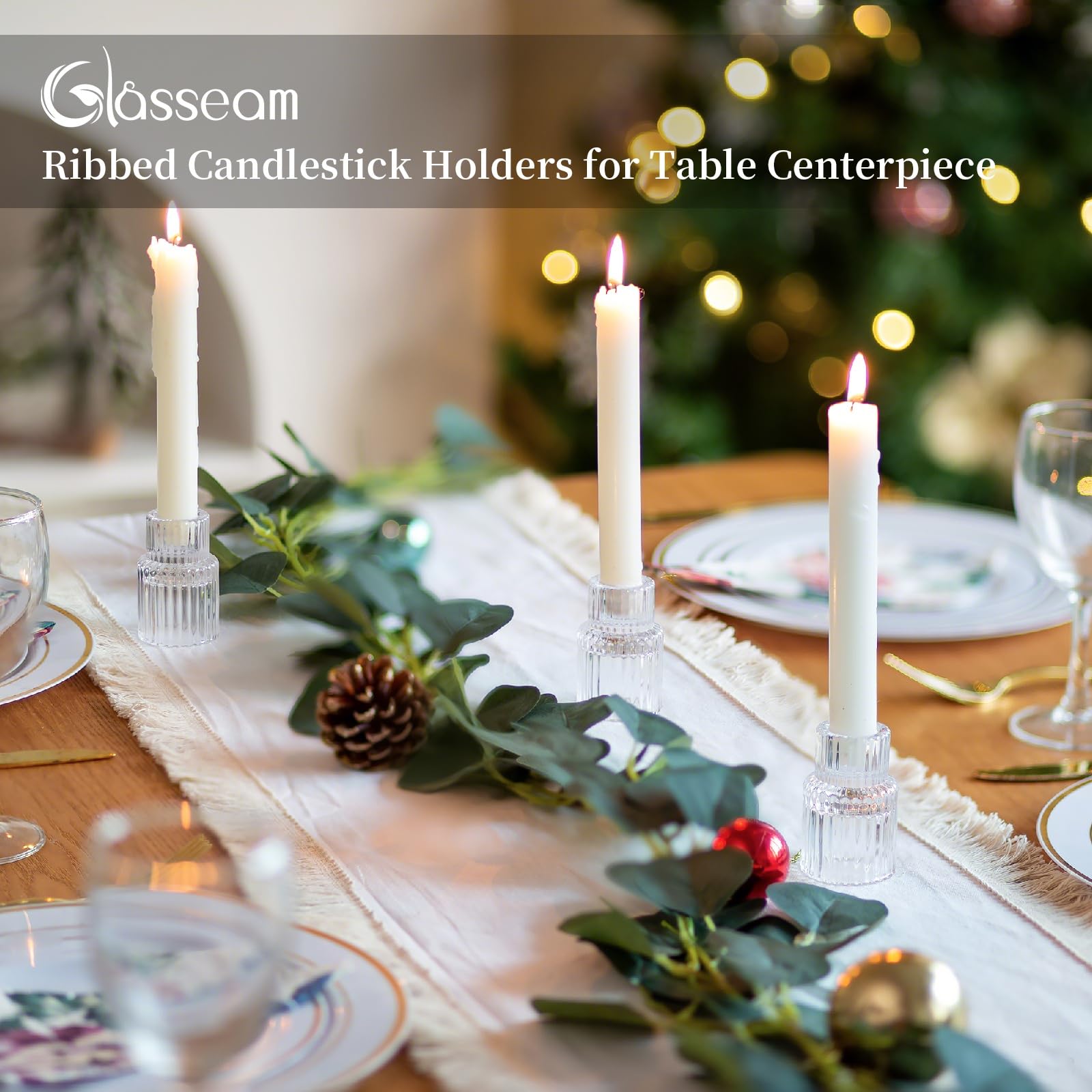 Glasseam Small Candle Stick Holder: Crystal Clear Glass Candle Holder Set of 10, Modern Taper Candle Holders for Table Centerpiece, Ribbed Tapered Candlestick Holders for Dining Room Decoration