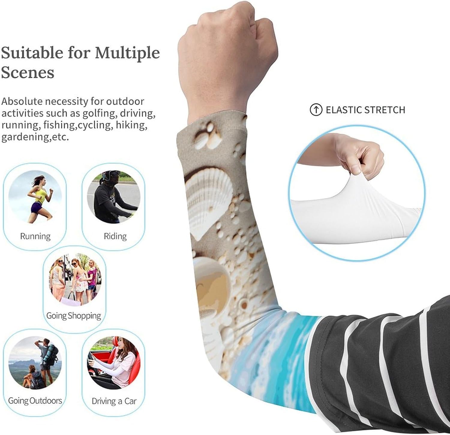 Ocean Sea Beach Seashells Starfish Blue Arm Sleeves for Men Women Sun Protection Sleeves Cooling Compression Arm Covers for Sport