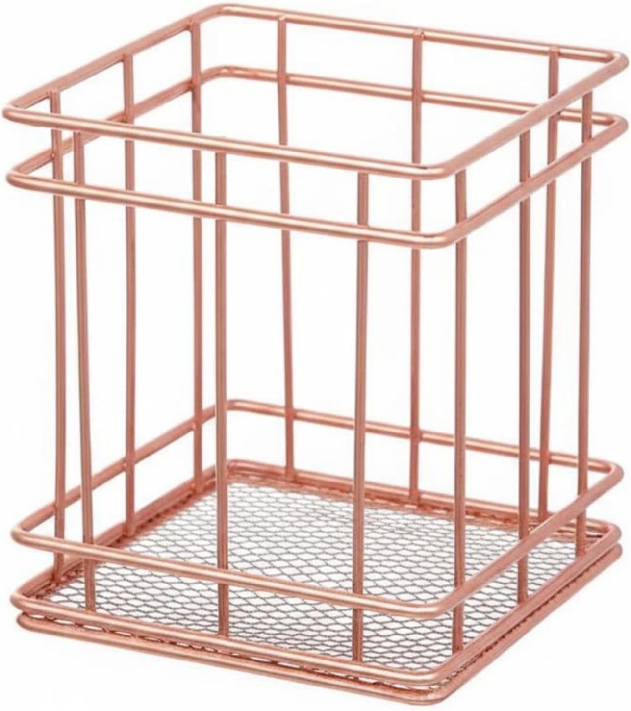 predolo Nordic Aesthetic Stationery Holder Wrought Iron Crafted Metal Wire Pencil Cup Multi-Functional Wire Makeup Brush Holder, Rose Gold, Square