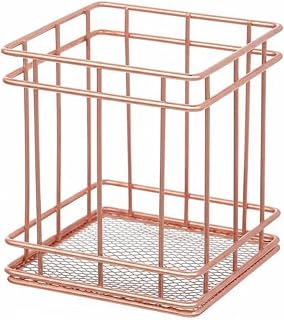 Iron Pen Holder Sturdy Desk Organizer Metal Wire Pencil Cup Modern Compact Storage Suitable for Workspace Vanity Countertop, Rose Gold, Square