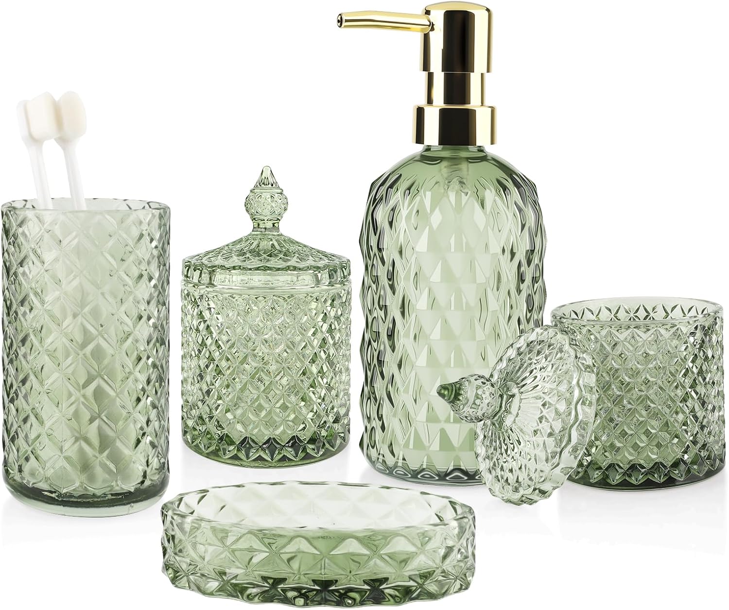 5Pcs Glass Bathroom Accessories Set,Green Vintage Bathroom Accessory Set, Bathroom Counter Sink Toothbrush Holder Set Includes 13.5oz Hand/Lotion Soap Dispenser & Tumbler & Soap Dish & Qtip Holders