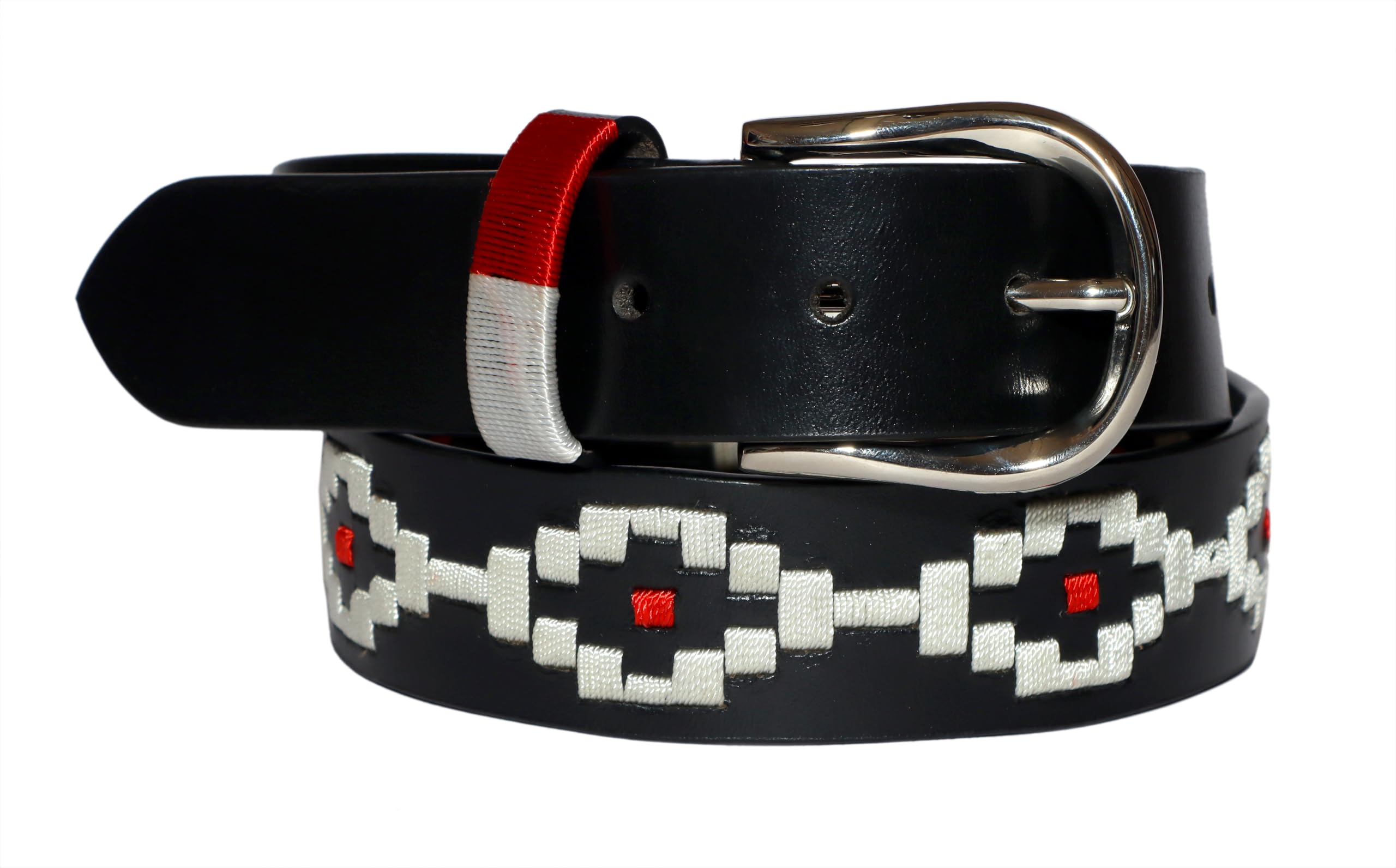 Leather Embroidered Polo Belt, Brown with Blue Aztec Pattern, Metal Buckle-picture-47