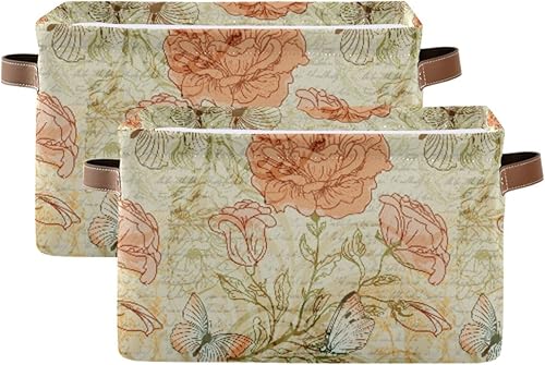 Miniatura 2 de ALAZA Caja de almacenamiento plegable retro con diseño de flores de mariposa y rosas, canastas organizadoras con asas para estantes, armario, sala
