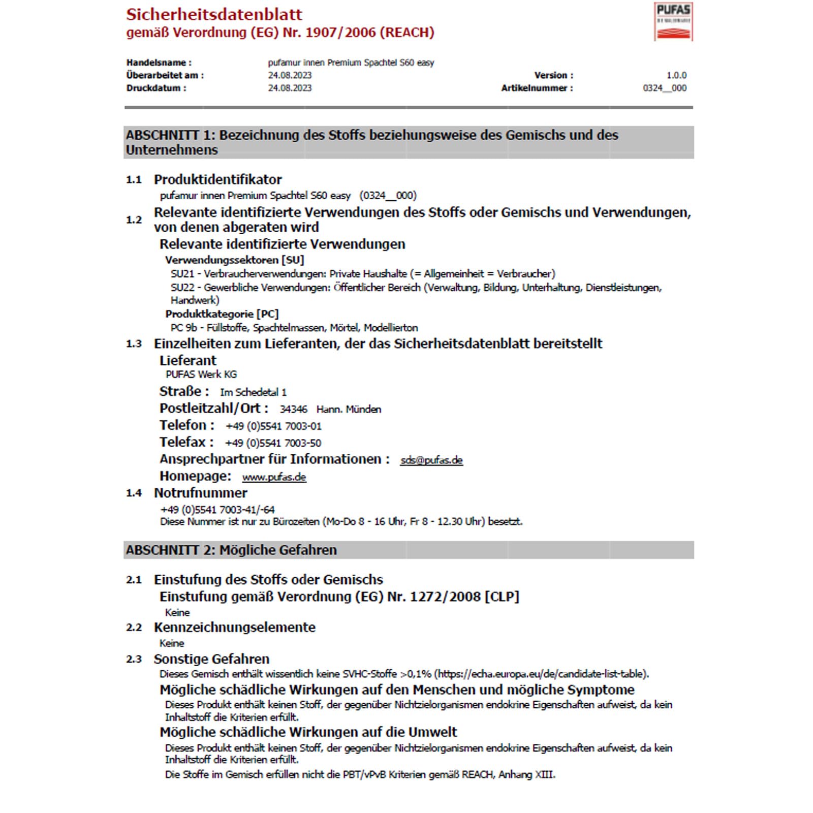 PUFAS S60 Premium Spachtel Gips-Spachtelmasse, 25kg