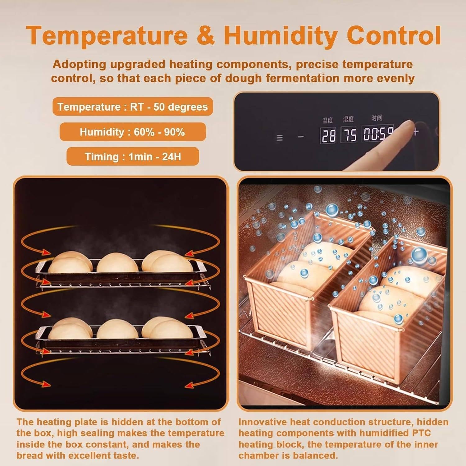 Caja de fermentación para pan casero, máquina de fermentación eléctrica de sobremesa de 40 l, temperatura ajustable de 20 a 50 °C, caja de fermentación de pan de 260 W con control de humedad, par