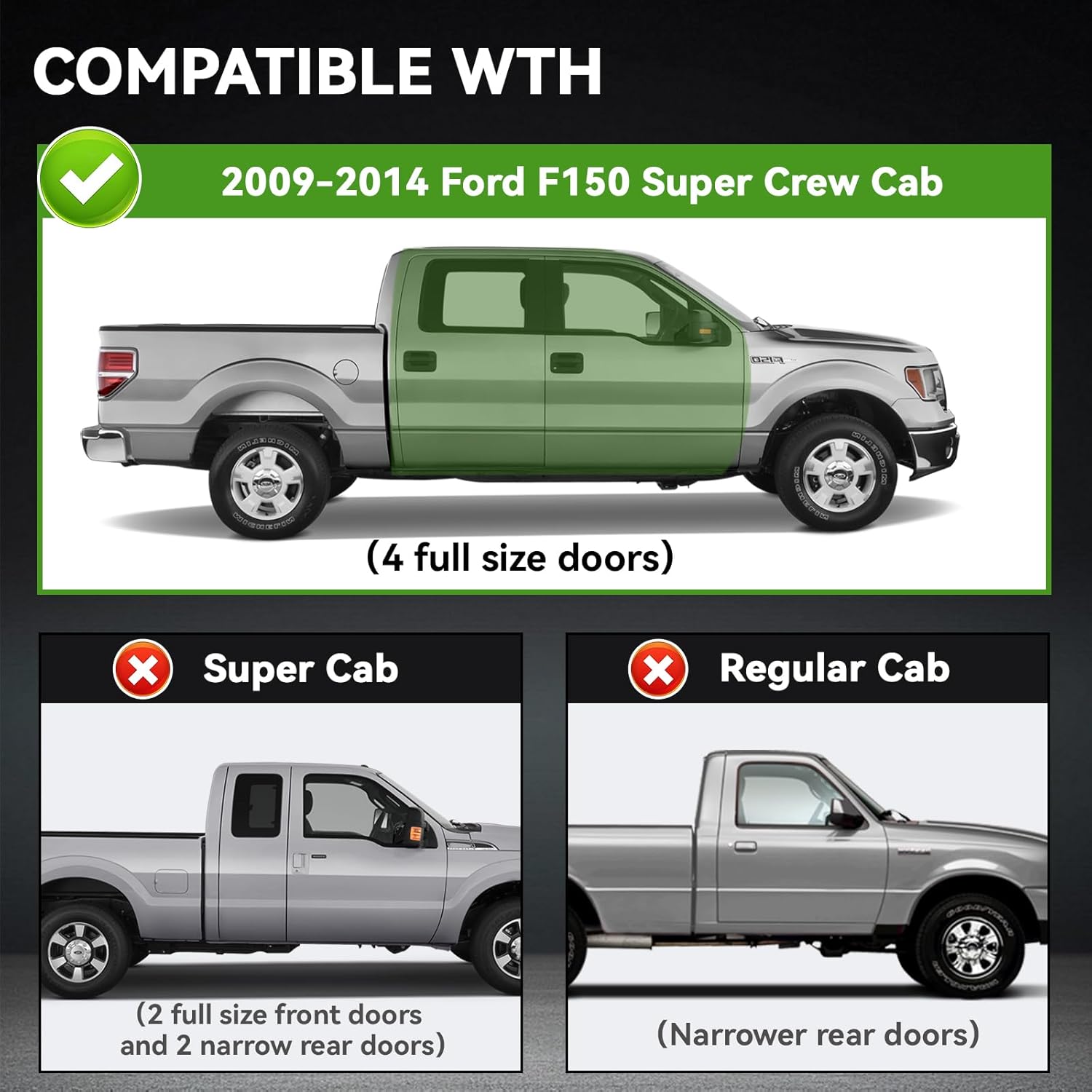 6.5" Running Boards Drop Step Compatible with Ford F150 2009-2014 Super Crew Cab Carbon Steel Side Steps Nerf Bars