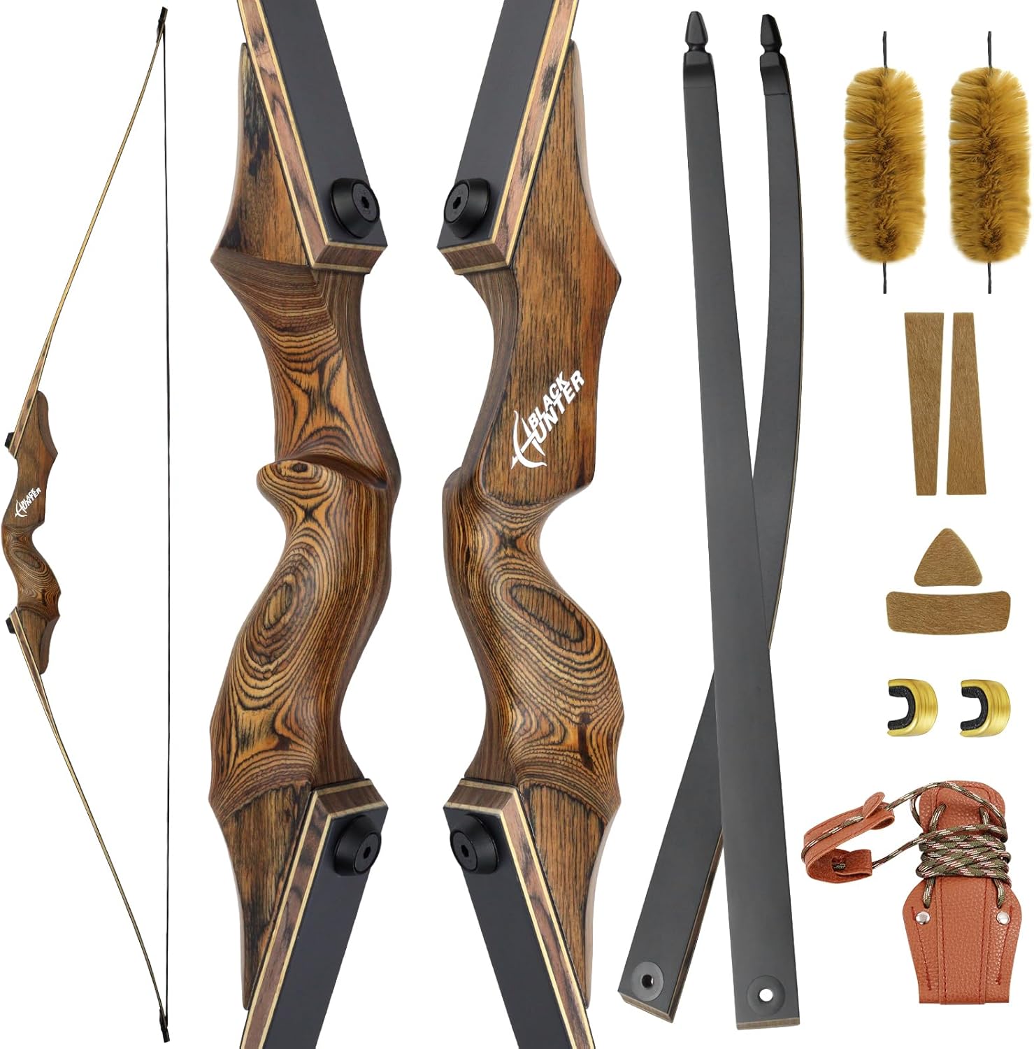 Black Hunter Longbow 60 Inch Left Hand Archery Longbows 20-60 Lbs Takedown Long Bow with Stringer Tool for Adults Bow Hunting and Shooting