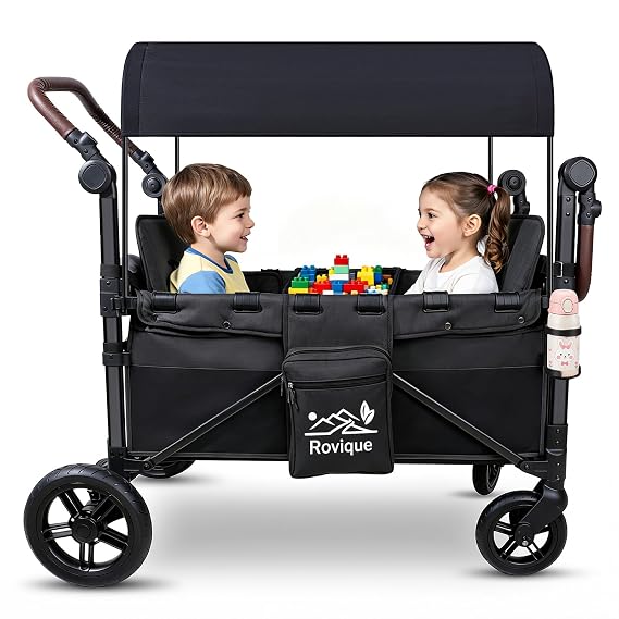 2-Seater Wagon Stroller | All-Terrain Foldable Aluminum Stroller Wagon with Extension, Detachable Canopy, Convertible Seats, Adjustable Push Handle, Cup Holder & Removable Snack Tray