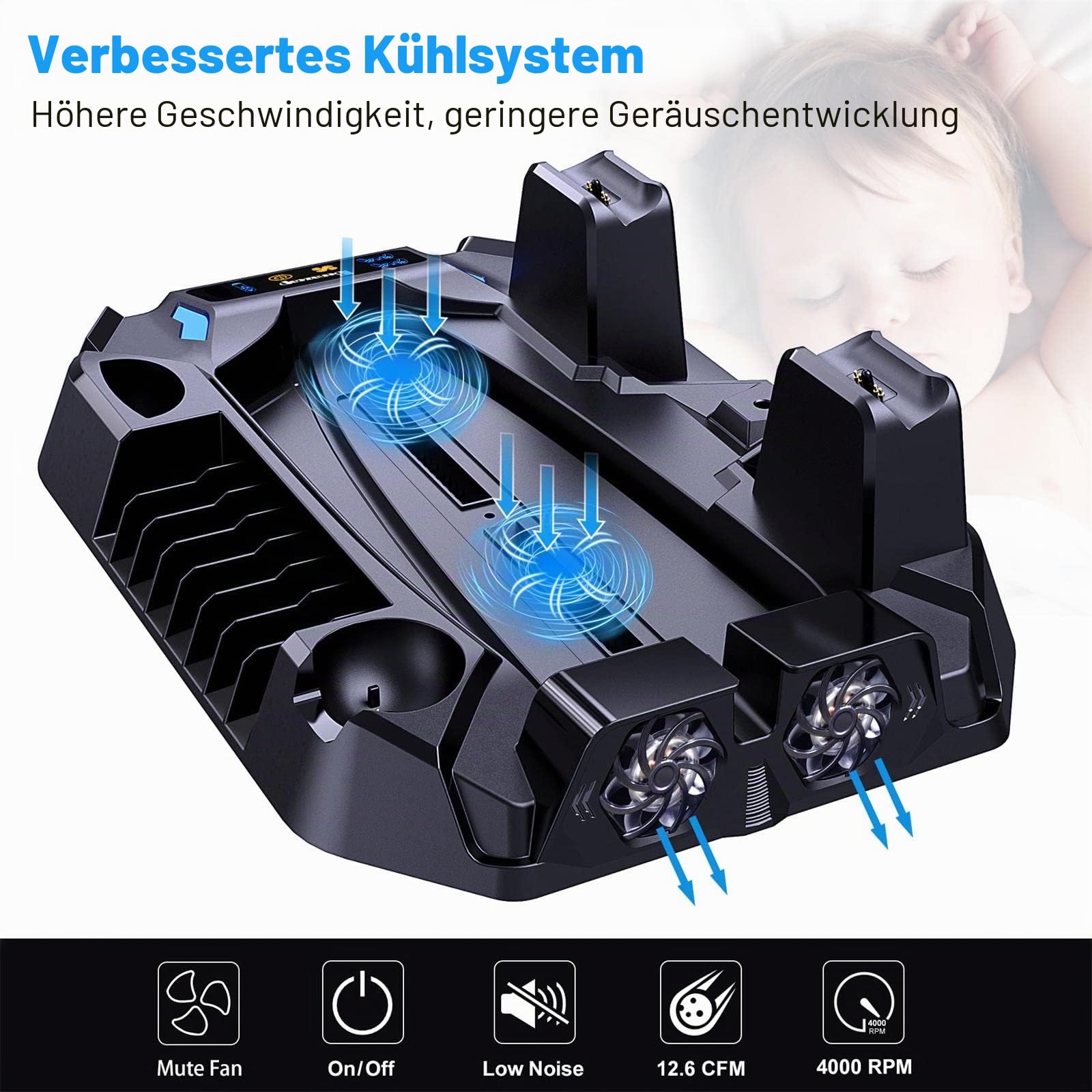 Benazcap PS5 Standfuß mit Lüfter, PS5 Zubehör für PlayStation 5 Konsole mit Dual Controller Ladestation, PS5 Ständer mit Headset Halterung und 8 Spiele Slots - Schwarz