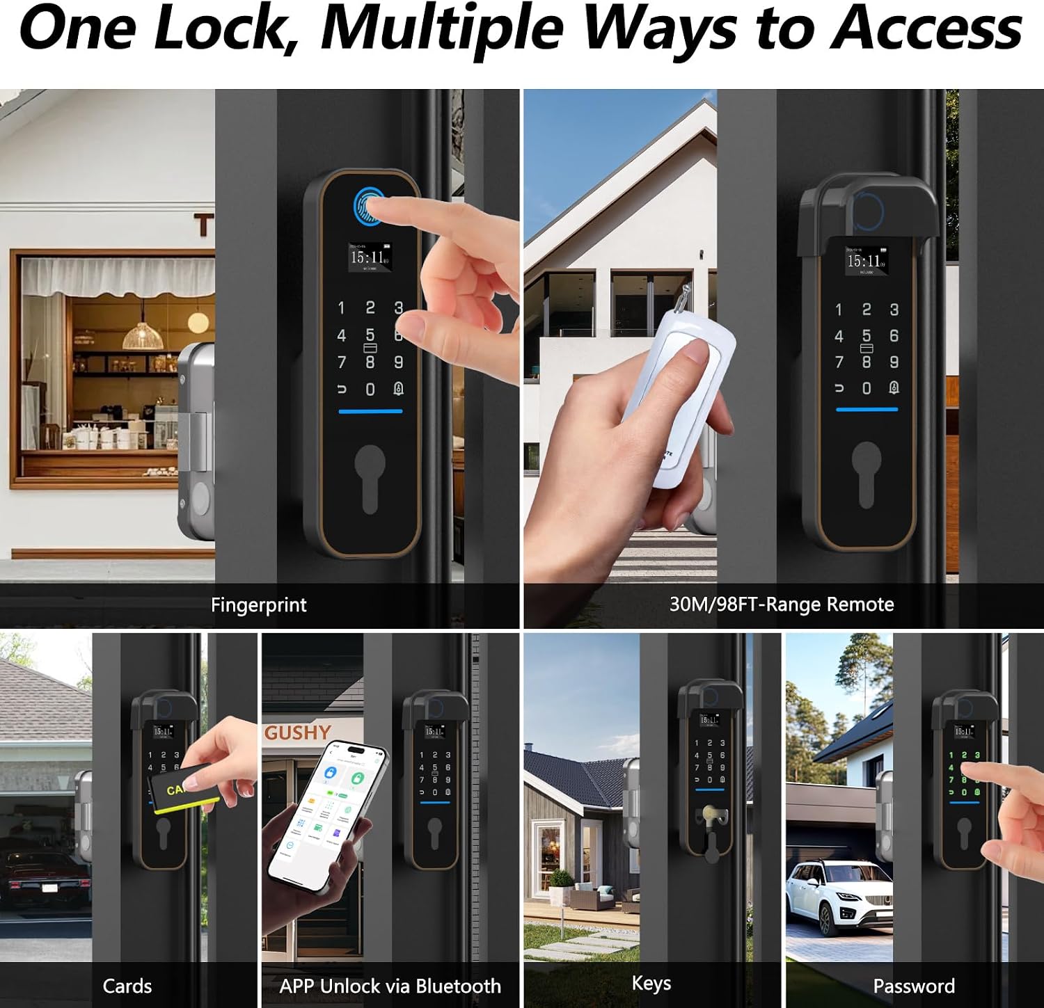 Smart Gate Lock, 30M-Range Remote Control Electronic Gate Lock | Waterproof Keyless Rim Door Lock with App, IC Card, Fingerprint, for Single Family Homes, Rain Snow Backyard Use