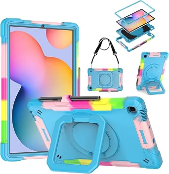 DETUOSI Case Compatible with Samsung Galaxy Tab S6 Lite 10.4 inch 2024/2022/2020 with Shoulder Strap, 3 in 1 Heavy Duty Shockproof Case with 360Rotatable Stand & Pen Holder, Camouflage Blue