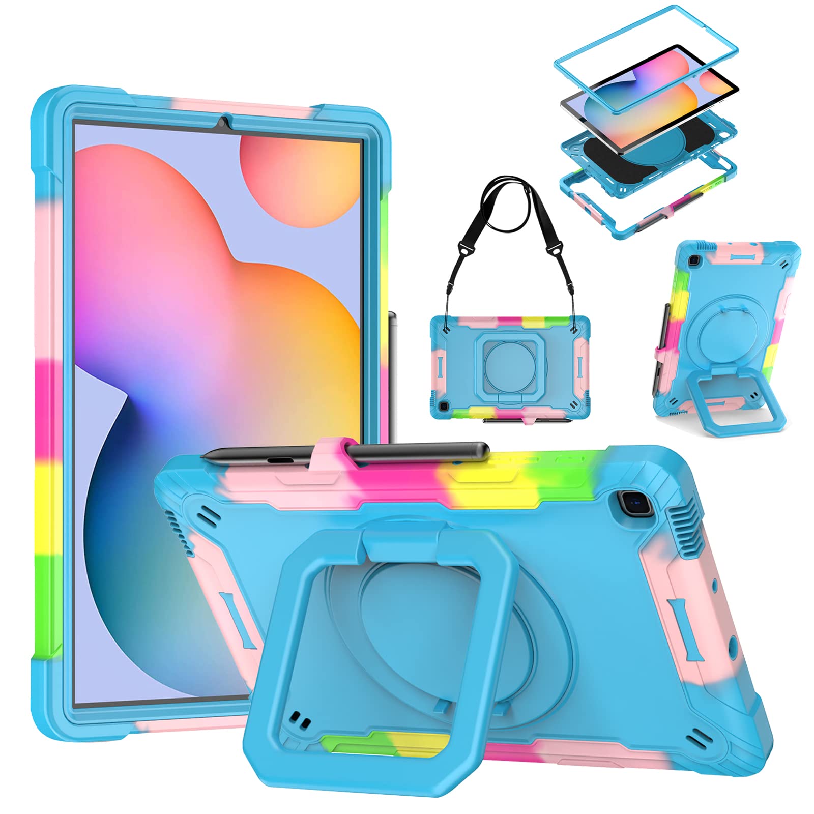 DETUOSICase Compatible with Samsung Galaxy Tab S6 Lite 10.4 inch 2024/2022/2020 with Shoulder Strap, 3 in 1 Heavy Duty Shockproof Case with 360°Rotatable Stand & Pen Holder, Camouflage Blue