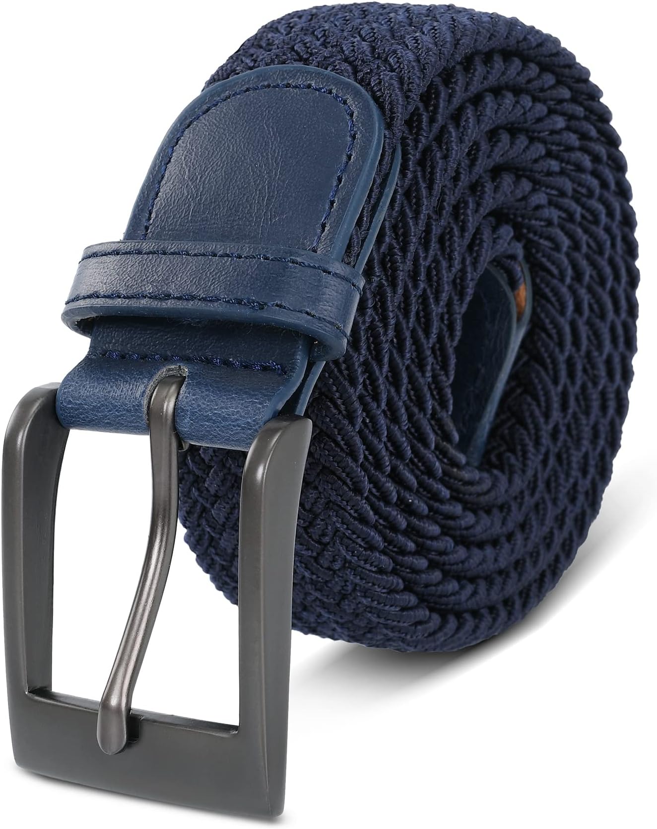 Braided Stretch Elastic Belt Pin Square Matte Black Belt Buckle PU Leather Loop End Tip for Men Women Junior