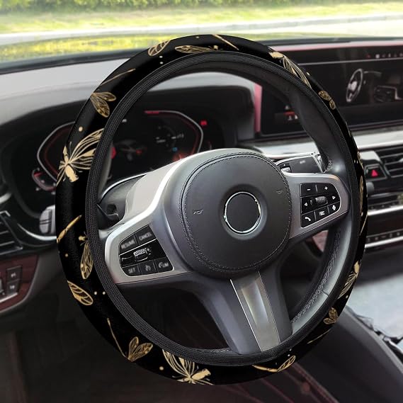 QsirBC Black Dragonflies Car Steering Wheel Cover Comfy Grip Non-Slip Sweat-Absorbent Steering Wheel Covers Universal 15 Inch Auto Wheel Cover Wrap Protector for Women Men