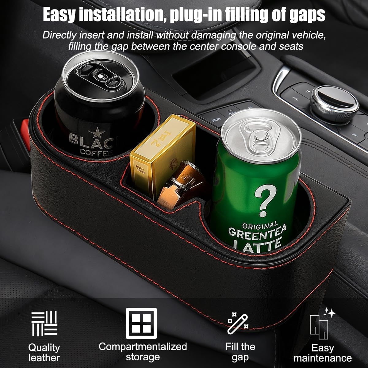 Car Seat Gap Filler Organizer with Cup Holder, Leather Multifunctional Vehicle Front Seat Crevice Storage Box Bag, Automotive Console Side Bucket Pocket, Universal Fit (Black)