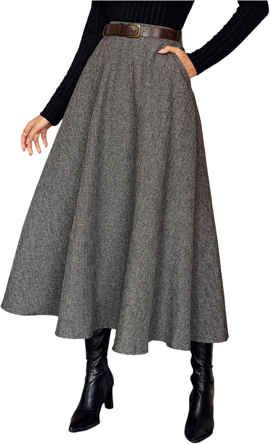 MakeMeChic Women's Elegant Business Work High Waisted Midi Skirt Ruffle A Line Skirts with Pockets