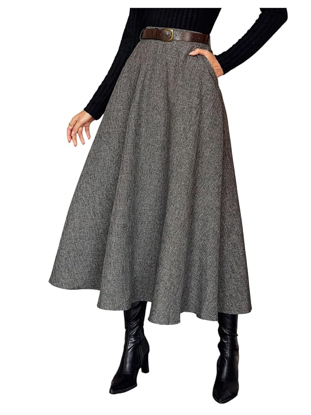 MakeMeChic Womens Elegant Business Work High Waisted Midi Skirt Ruffle A Line Skirts with Pockets