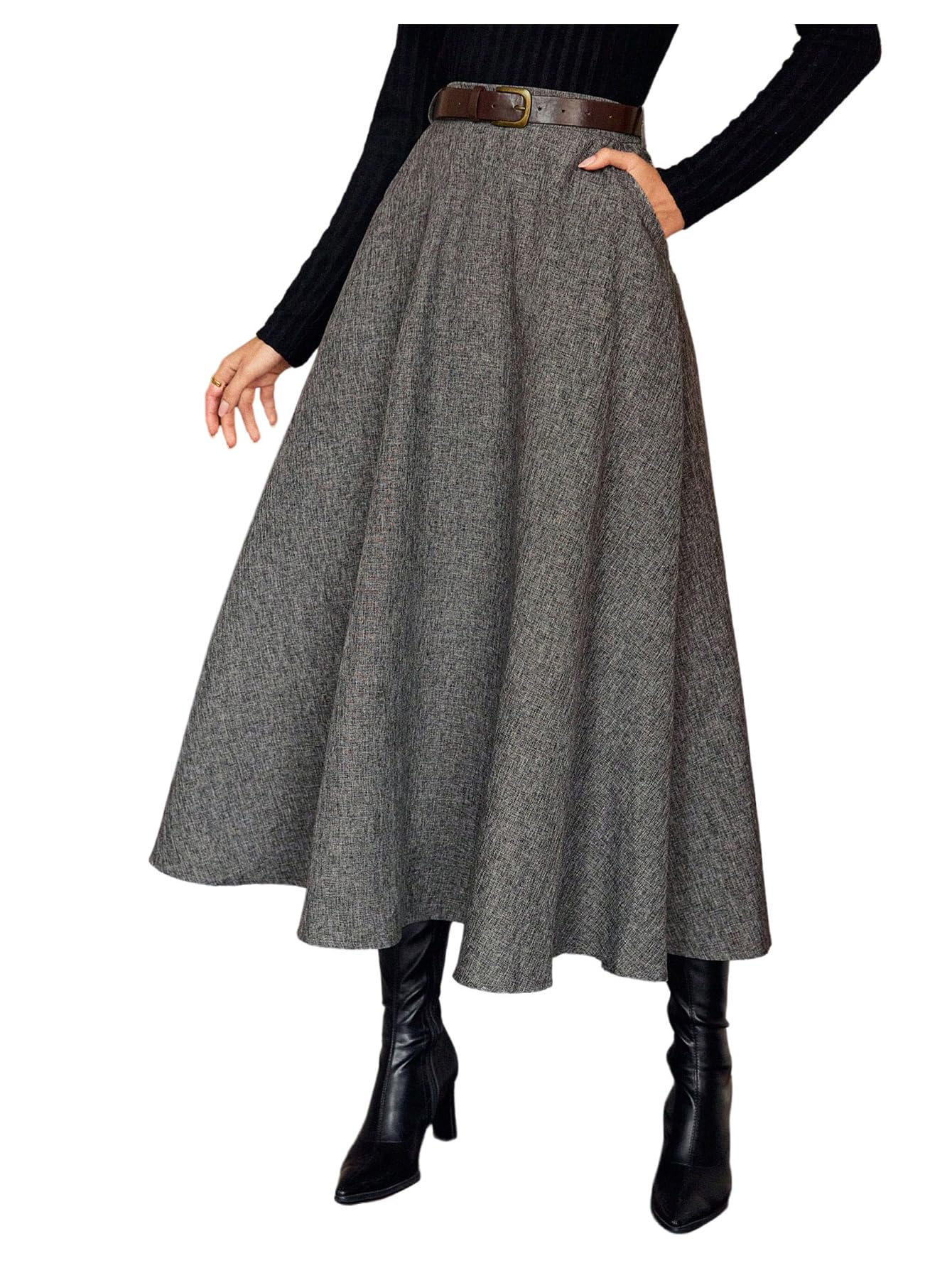 MakeMeChic Womens Elegant Business Work High Waisted Midi Skirt Ruffle A Line Skirts with Pockets