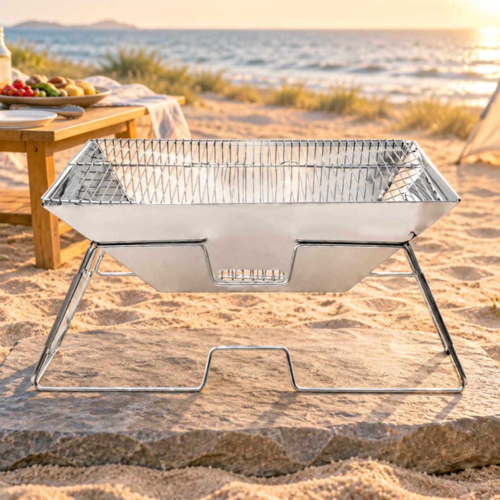 Milageto Parrilla Plegable Carbón Acero Inoxidable Compacta Parrilla Portátil con Rejilla Cocción Ligera Portátil Carbón para Camping, Fogatas