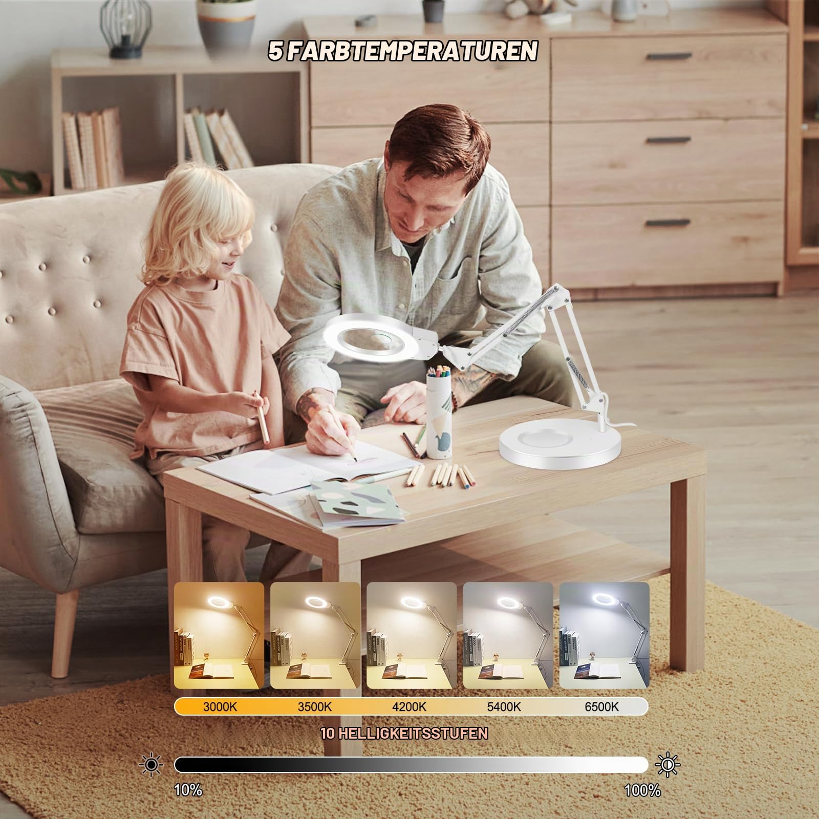 NOEVSBIG 2 IN 1 Lupe mit Licht und Ständer,10X&5X Lupe,Schreibtischlampe mit großem Sockel und Klemme, 3 Farbmodi, stufenlos, dimmbar, LED Lupenlampe für Hobby Basteln,Lupenleuchte mit standfuß