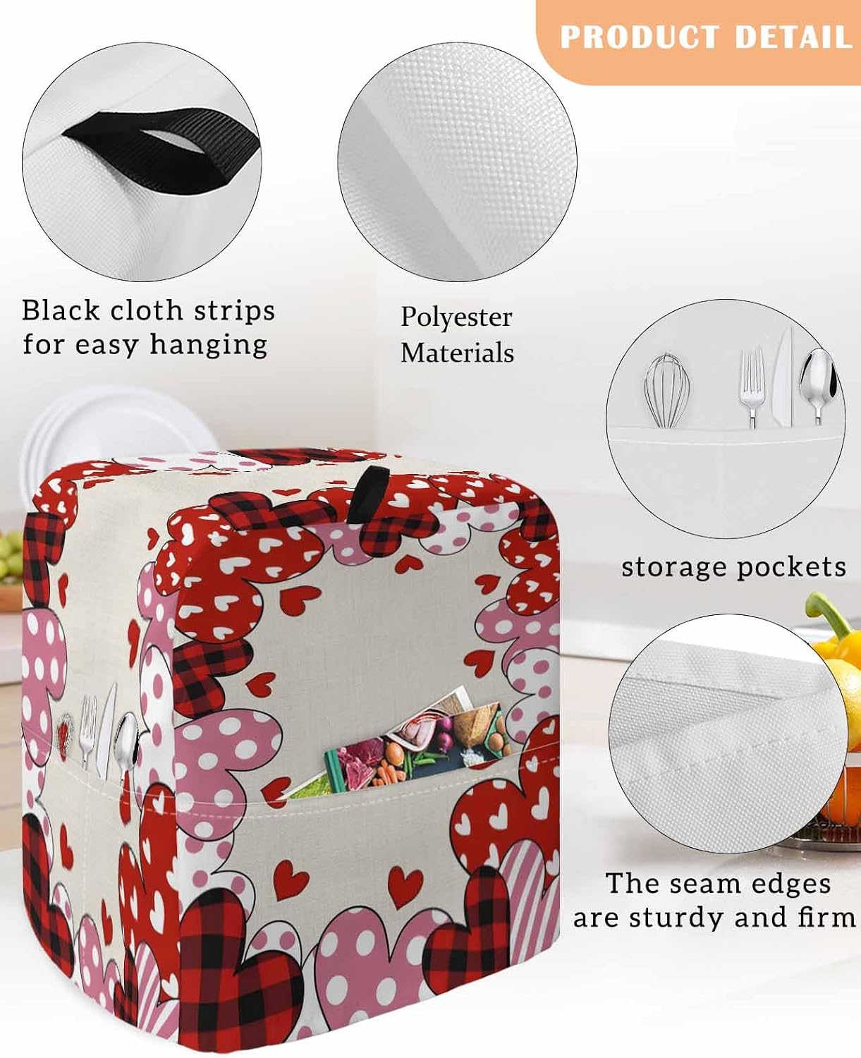 Valentine's Day Stand Mixer Cover with Storage Pocket, Waterproof Kitchen Mixer Covers, Pink Red Sweet Heart Love Buffalo Plaid Spots Kitchen Appliance Dust Cover Compatible with 6-9 Quart Mixers