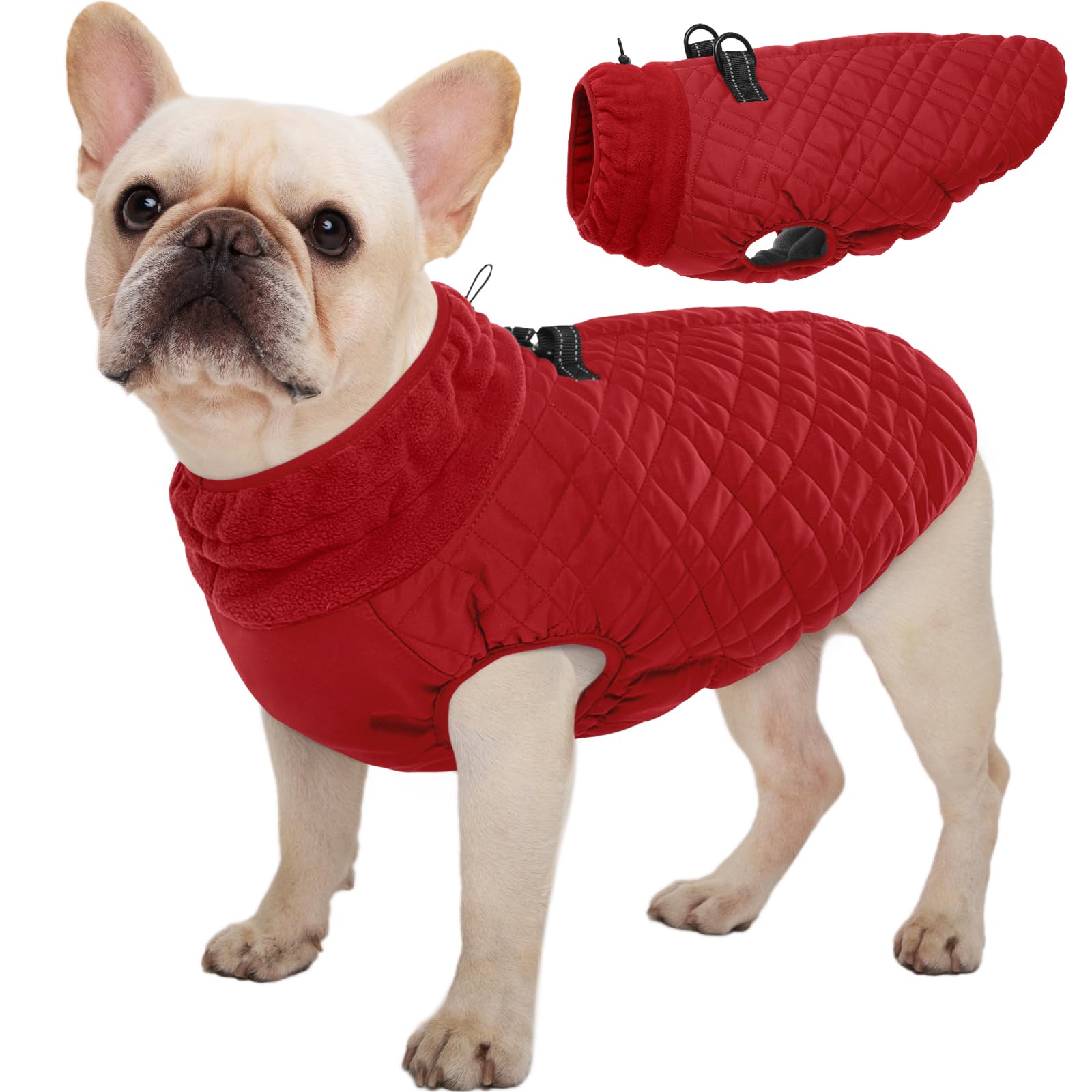 Kuoser Dog Jacket, Warm Dog Coat with Harness Built in for Small Dogs, Puppy Winter Jacket Pet Clothes for Cold Weather, Windproof Doggie Winter Vest for Pug Dachshund, Red S