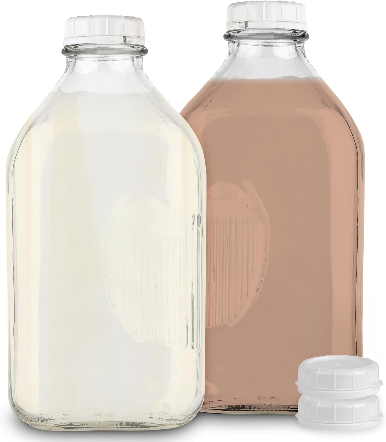 Stock Your Home 64-Oz Glass Milk Jugs with Caps (2 Pack) - 64 Ounce Food Grade Glass Bottles - Dishwasher Safe - Bottles for Milk, Buttermilk, Honey, Tomato Sauce, Jam, Barbecue Sauce