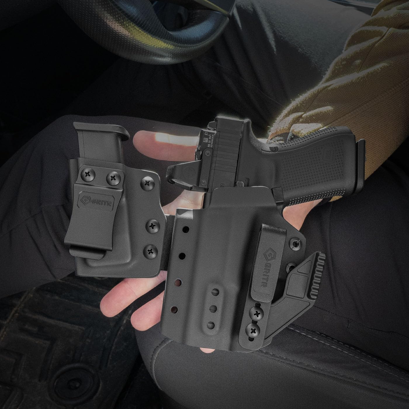 GRITR IWB Appendix Carry Kydex Gun Holster Compatible with Glock 19 w/Integrated Magazine Holder, Open Bottom, Optic Cut, Adjustable Retention - Right/Left Hand Options