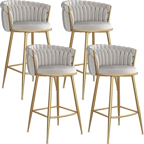 Vista 30 de Taburetes de bar dorados juego de 2, Taburetes ajustables de altura de bar, Sillas de bar giratorias de terciopelo con respaldo tejido, Reposapiés