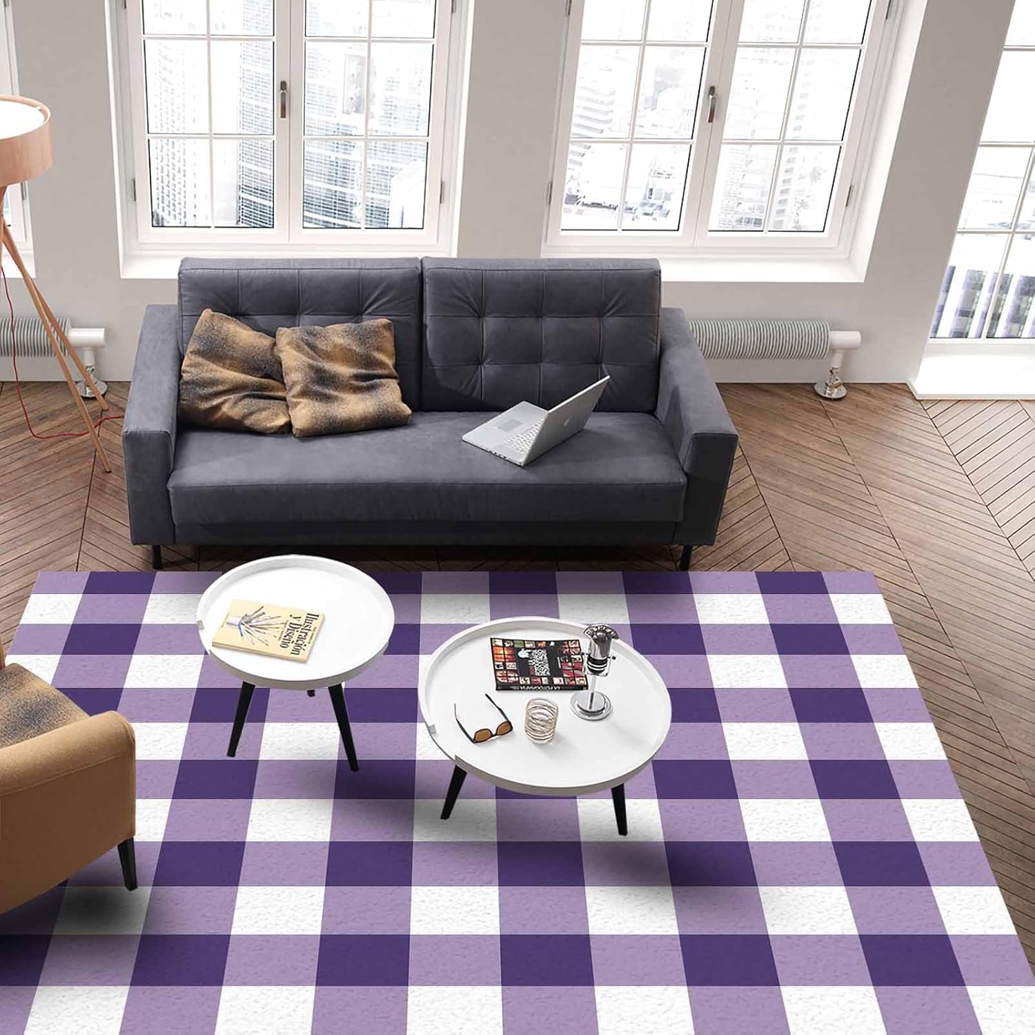 Purple White Plaid Area Rug 2'7''x 5', Gradient Geometric Buffalo Checkered Modern Outdoor Living Room Bedroom Area+Rug Carpet, Kitchen Rug Bath Mat Front Porch Floor Doormat Runner Rugs